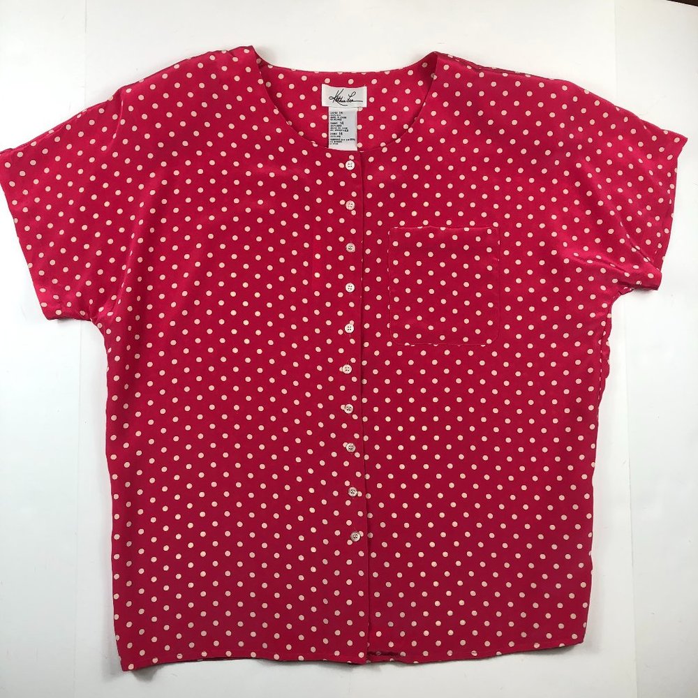 NEW Kathie Lee Vintage Silk Fushia Pink and White Polka Dot Short Sleeve Blouse - Picture 5 of 11
